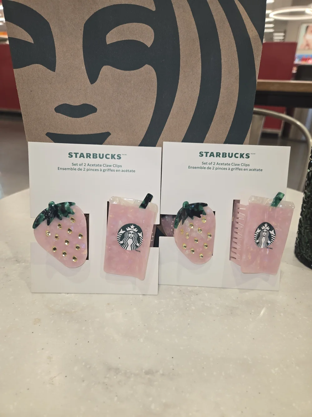 Starbucks Pink Strawberry & Cup Acrylic Claw Clip Duo